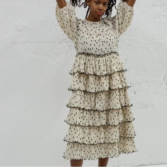GANNI Lowell Tiered Polka Dot Plisse Beige & Black Midi Dress conservative pleat